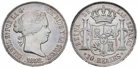 Isabel II (1833-1868). 10 reales. 1858. Madrid. (Cal 2008-227). Ag. 12,97 g. Golpecito en canto y ligeramente limpiada. EBC. Est...150,00. English: El...