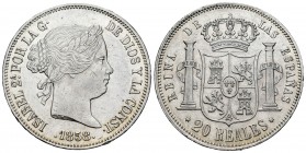 Isabel II (1833-1868). 20 reales. 1858. Madrid. (Cal 2008-180). Ag. 25,89 g. Golpecitos en el canto y rayas en anverso. EBC. Est...150,00. English: El...