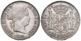 Isabel II (1833-1868). 20 reales. 1861. Madrid. (Cal 2008-183). (Cal 2019-619). Ag. 25,74 g. Marquitas. Tono. MBC+/EBC-. Est...150,00. English: Elizab...