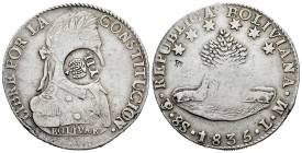 Isabel II (1833-1868). 1 peso. 1835. Potosí. LM. (Cal 2008-451). (Cal 2019-668). Ag. 26,64 g. Resello YII coronado para circular por Manila. MBC+. Est...