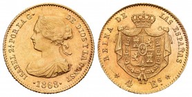 Isabel II (1833-1868). 4 escudos. 1868*6-8. Madrid. (Cal 2008-112). (Cal 2019-693). Au. 3,27 g. EBC. Est...160,00. English: Elizabeth II (1833-1868). ...