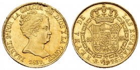 Isabel II (1833-1868). 80 reales. 1839. Barcelona. PS. (Cal 2008-55). (Cal 2019-704). Au. 6,73 g. Defectos de acuñación en el canto. Parte de brillo o...