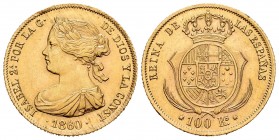Isabel II (1833-1868). 100 reales. 1860. Barcelona. (Cal 2008-13). (Cal 2019-772). Au. 8,36 g. Golpecitos en el canto. Brillo original. SC-. Est...300...