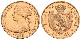 Isabel II (1833-1868). 10 escudos. 1868*18-68. Madrid. (Cal 2008-47). (Cal 2019-815). Au. 8,34 g. Brillo original. EBC+. Est...300,00. English: Elizab...