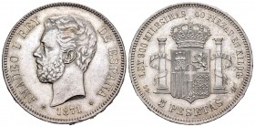 Centenario de la Peseta (1868-1931). Amadeo I (1871-1873). 5 pesetas. 1871*18-71. Madrid. SDM. (Cal 2008-5). (Cal 2019-1). Ag. 24,88 g. Limpiada. EBC-...