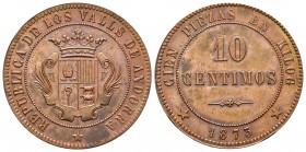 Centenario de la Peseta (1868-1931). I República. 10 céntimos. 1873. Andorra. (Cal 2008-9). (Cal 2019-2). Ae. 9,59 g. Golpecito en el canto. Muy bella...
