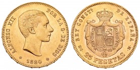 Centenario de la Peseta (1868-1931). Alfonso XII (1874-1885). 25 pesetas. 1880 *18-80. Madrid. MSM. (Cal 2008-10). (Cal 2019-76). Au. 8,08 g. EBC+/SC-...