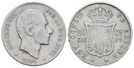 Centenario de la Peseta (1868-1931). Alfonso XII (1874-1885). 20 centavos. 1884. Manila. (Cal 2008-91). (Cal 2019-110). Ag. 4,90 g. BC+/MBC-. Est...50...