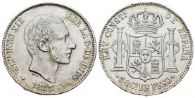 Centenario de la Peseta (1868-1931). Alfonso XII (1874-1885). 50 centavos. 1885. Manila. (Cal 2008-86). (Cal 2019-124). Ag. 12,99 g. Golpecitos en el ...
