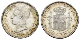 Centenario de la Peseta (1868-1931). Alfonso XIII (1886-1931). 50 céntimos. 1904*1-0. Madrid. PCV. (Cal 2008-62). (Cal 2019-47). Ag. 2,52 g. Brillo or...