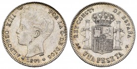 Centenario de la Peseta (1868-1931). Alfonso XIII (1886-1931). 1 peseta. 1899*18-99. Madrid. SGV. (Cal 2008-42). Ag. 4,87 g. MBC+. Est...30,00. Englis...
