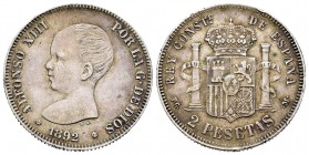 Centenario de la Peseta (1868-1931). Alfonso XIII (1886-1931). 2 pesetas. 1892*18-92. Madrid. PGM. (Cal 2008-32). Ag. 9,85 g. Golpecito en el canto. M...