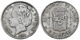 Centenario de la Peseta (1868-1931). Alfonso XIII (1886-1931). 2 pesetas. 1894*18-94. Madrid. PGV. (Cal 2008-33). (Cal 2019-86). Ag. 9,92 g. Segunda e...