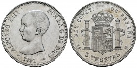 Centenario de la Peseta (1868-1931). Alfonso XIII (1886-1931). 5 pesetas. 1891*18-91. Madrid. PGM. (Cal 2008-17). (Cal 2019-97). Ag. 24,98 g. Rayitas....