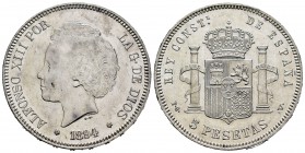 Centenario de la Peseta (1868-1931). Alfonso XIII (1886-1931). 5 pesetas. 1894*18-94. Madrid. (Cal 2008-23). (Cal 2019-104). Ag. 24,86 g. Ligeramente ...