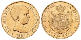 Centenario de la Peseta (1868-1931). Alfonso XIII (1886-1931). 20 pesetas. 1889*18-89. Madrid. MPM. (Cal 2008-4). (Cal 2019-113). Au. 6,43 g. MBC+. Es...
