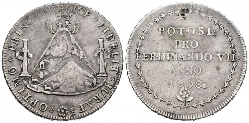 Fernando VII (1808-1833). Medalla de proclamación. 1808. Potosí. (H-50). Ag. 26,...