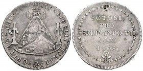 Fernando VII (1808-1833). Medalla de proclamación. 1808. Potosí. (H-50). Ag. 26,87 g. Golpe de punzón en reverso. 40 mm. Tono. MBC. Est...150,00. Engl...
