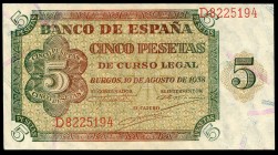 5 pesetas. 1938. Burgos. (Ed 2017-435a). 10 de agosto, por Giesecke y Devrient. Serie D. SC. Est...35,00. English: 5 pesetas. 1938. Burgos. (Ed 2017-4...
