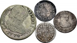 Lote de 4 piezas de plata, 2 de Felipe V (1/2 real Sevilla 1726 y 1731), 1 de Carlos IV (1/2 real Madrid 1800) y 1 de Carlos III (2 reales Sevilla 177...