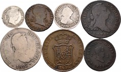 Lote de 7 piezas, 4 de cobre (4 maravedís Segovia 1775, 3 cuartos 1846, 2 maravedís Segovia 1825, 2 maravedís Jubia 1819) y 3 de plata (1 real México ...