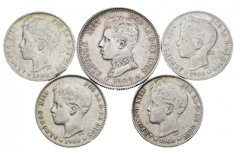 Lotes de 5 monedas de Alfonso XIII, 2 pesetas 1905, 1 peseta 1900 (4). Algunas e...