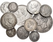 Lote de 11 piezas de plata del Centenario de la Peseta, 5 de Alfonso XII ( 2 de 5 pesetas, 1875 y 1879; 1 peseta 1881, 50 céntimos 1885, 50 centavos 1...