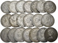 Lote de 20 monedas de 5 pesetas del Centenario de la Peseta, 1871 (3), 1875 (3), 1876 (1), 1878 (2), 1885 (3), 1888 (2), 1891 (4), 1893 (1), 1894 (1)....
