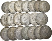 Lote de 20 monedas de 5 pesetas del Centenario de la Peseta, 1870 (1), 1871 (3), 1875 (3), 1876 (1), 1877(1), 1878 (2), 1884 (1), 1885 (3), 1888 (2), ...