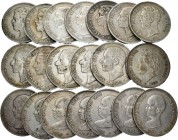 Lote de 20 monedas de 5 pesetas del Centenario de la Peseta, 1871 (3), 1875 (2), 1876 (1), 1877(1), 1878 (1), 1882 (1), 1885 (3), 1888 (2), 1891 (4), ...