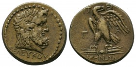 Mysia. Pergamon circa 133-27 BC. Bronze Æ. Laureate head of Askelpios right, ΣΕΛΕΥΚΟΥ below / ΠΕΡΓΑΜΗΝΩΝ above and below eagle standing left on thunde...