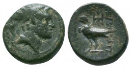 SELEUKID KINGDOM. Antiochos IV Epiphanes (175-164 BC). Ae. Hierapolis on the Pyramos (Kastabala).
Obv: Radiate and diademed bust (of Antiochos or Heli...