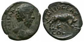 Pisidia. Antioch. Marcus Aurelius AD 161-180.AE Bronze . CAESAR AVRELIVS, bare and draped bust right / ANTIOCHEAE COLONIAE, She-wolf standing right, s...