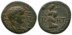 PAMPHYLIA. Side. Nero, 54-68.AE Bronze. NEPωN KAICAP Laureate head of Nero to right / CIΔHT Athena advancing left, holding shield with her left hand a...