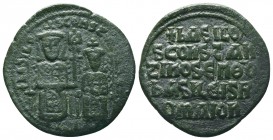 Basil I and Constantine VII, AE Follis. Constantinople. AD 867-876. 

bASILIO S CONST BASILIS, Basil, crowned, bearded and wearing 
loros on left and ...