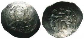 ALEXIUS I COMNENUS (1081-1118). AR Histamenon Nomisma. Thessalonica. Obv: + KЄ BO AΛЄZ / IC - XC. Facing bust of Christ Pantokrator. Rev: St. Demetriu...