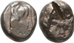 LYCIA, Phaselis. Circa 530-500 BC. AR Stater. Prow of galley right, terminating in a boar's forepart; below, small dolphin right / Incuse square with ...