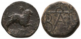 KINGS OF BOSPOROS. Polemo I (Circa 14/3-10/9 BC). Ae. Obv: Lion springing right; star above; c/m: star-in-crescent within incuse circle. Rev: Monogram...