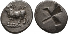 Kalchedon, Bithynia. AR c. 386-340 BC.
Obv. KAΛX, bull standing left on ear of corn, kerykeion before.
Rev. Quadratum incusum filled with dots.
Condit...