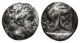 MYSIA, Pergamon. Mid 5th century BC. AR Diobo, Laureate head of Apollo right; star behind neck / Bearded head right, wearing Persian tiara, within inc...
