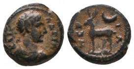 Pamphylia. Perge. Hadrian AD 117-138.AE Bronze. ΑΔPΙΑΝ ΚΑΙC, laureate head right / ΠΕPΓΑ, stag standing left, crescent above. very fine BMC p. 124, 27...