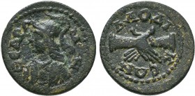 PHRYGIA. Laodicea. Pseudo-autonomous. Time of Caracalla (198-217). Ae. Obv: ΘЄΑ ΡΩΜΗ. Helmeted and cuirassed bust of Roma right. Rev: ΛΑΟΔΙΚЄΩΝ. Two c...