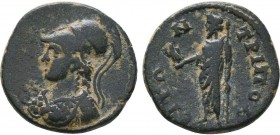 LYDIA. Tripolis. Pseudo-autonomous issue, Antonine era (AD 138-192).AE bronze. Bust of Athena left, wearing Corinthian helmet pushed back on head, aeg...