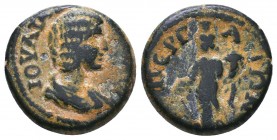 PAMPHYLIA. Perge. Julia Domna (Augusta, 193-217). AE bronze. IOVΛIA ΔOMNA CЄ. Draped bust right / ΠЄPΓAIΩN. Tyche standing left, holding rudder and co...