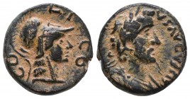 Lycaonia.Iconium.Antoninus Pius.138-161 AD.AE bronze.ANTONINVS AVG PIVS, laureate, draped and cuirassed bust right. / COL ICO, helmeted head of Athena...