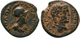 CAPPADOCIA. Tyana. Caracalla , 198-217.AE bronze. M AYP ANTΩNINOC Laureate head of Caracalla to right. Rev. KOΛΩN TYANЄΩ Helmeted and draped bust of R...