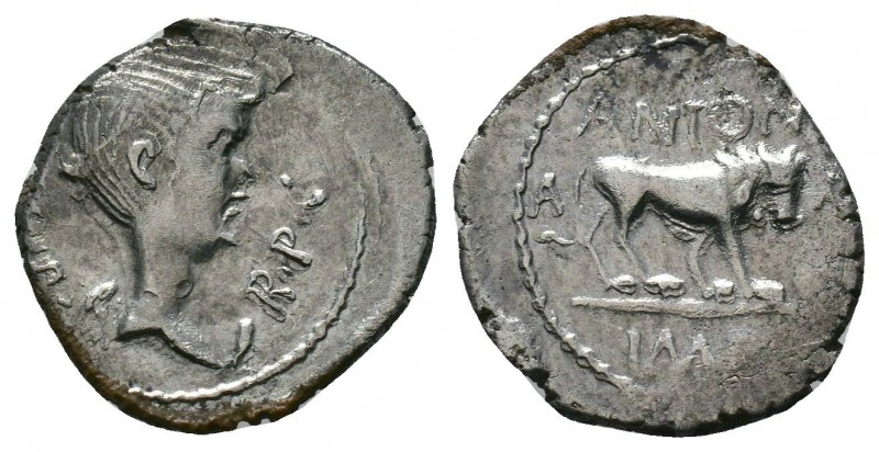 Marcus Antonius. Quinarius, Lugdunum 42, AR. III·VIR· – R·P·C Bust of Victory (F...