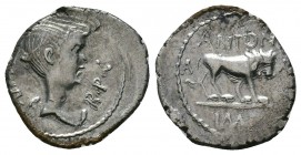 Marcus Antonius. Quinarius, Lugdunum 42, AR. III·VIR· – R·P·C Bust of Victory (Fulvia) r. Rev. ANTONI Lion walking r.; at sides, A – X[LI]. In exergue...