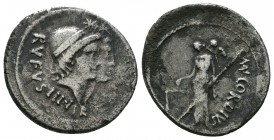 Mn. Cordius Rufus (46 BC). AR denarius . Rome. Conjoined heads of the Dioscuri right, wearing pilei surmounted by stars, RVFVS III VIR behind / MN. CO...