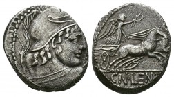 Cn. Lentulus Clodianus AR Denarius. Rome, 88 BC. Helmeted bust of Mars right, seen from behind / Victory in biga right, holding wreath and reins, CN•L...